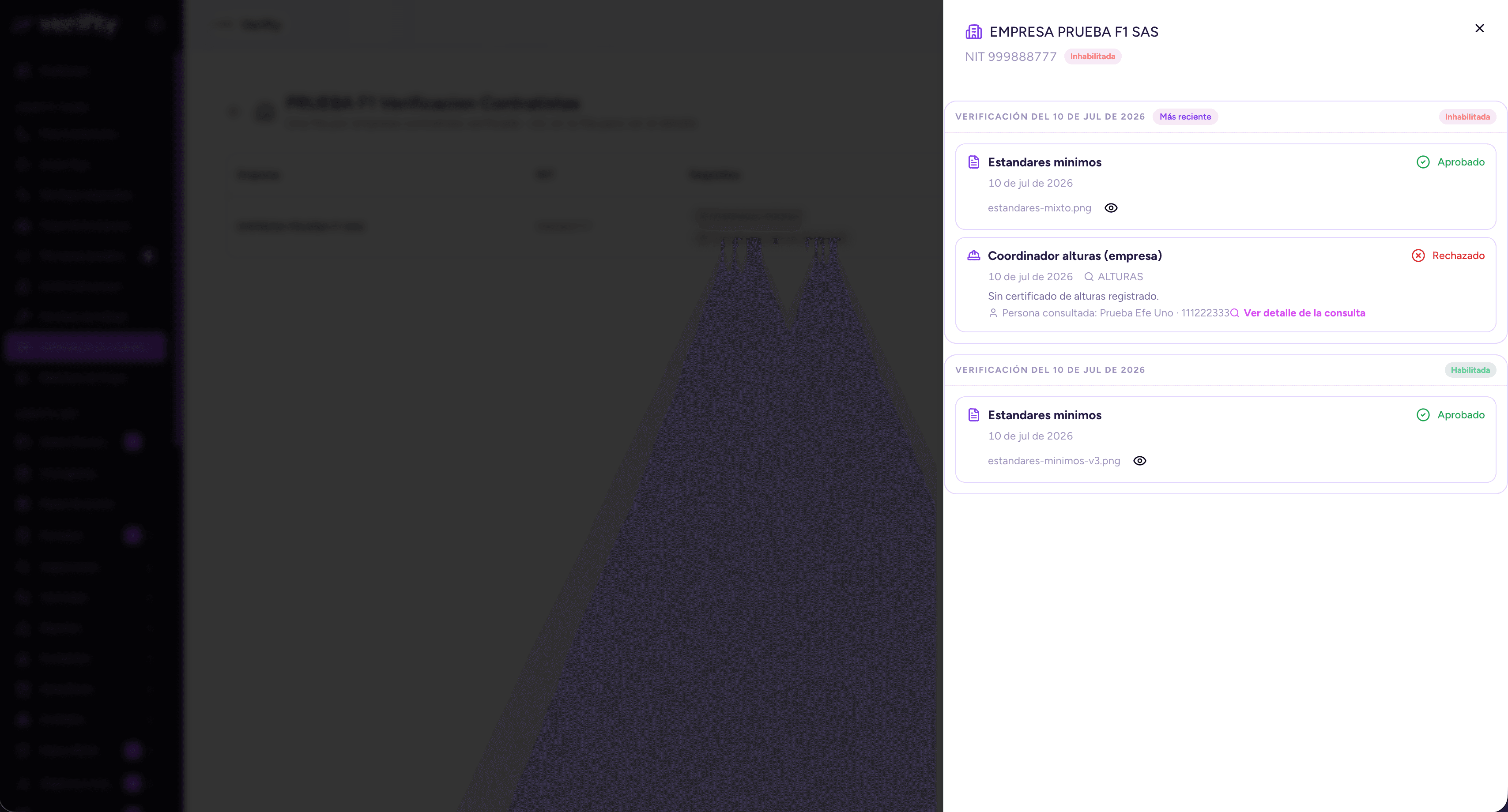 Dashboard control de ingreso contratistas Chile con verificación F30-1, Mutualidad, ODI y Face ID biométrico - Verifty