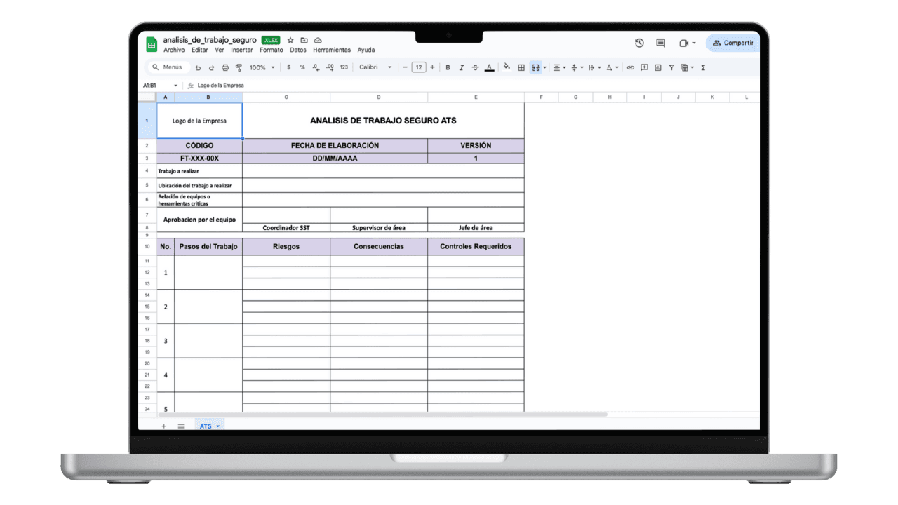 Vista previa de Formato ATS (Análisis de Trabajo Seguro) en Excel