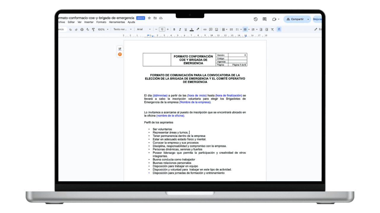 Vista previa de Formato de Conformación del COE y Brigada de Emergencia (Word)