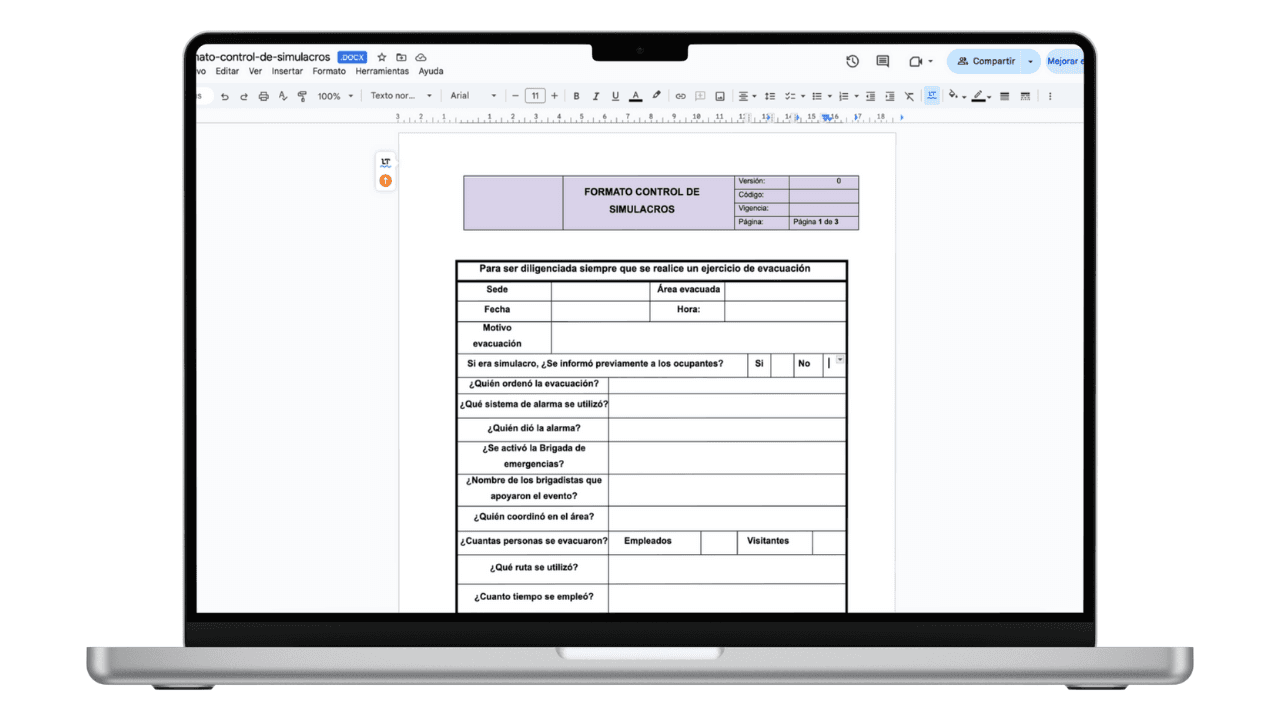 Vista previa de Formato de Control y Evaluación de Simulacros (Word)