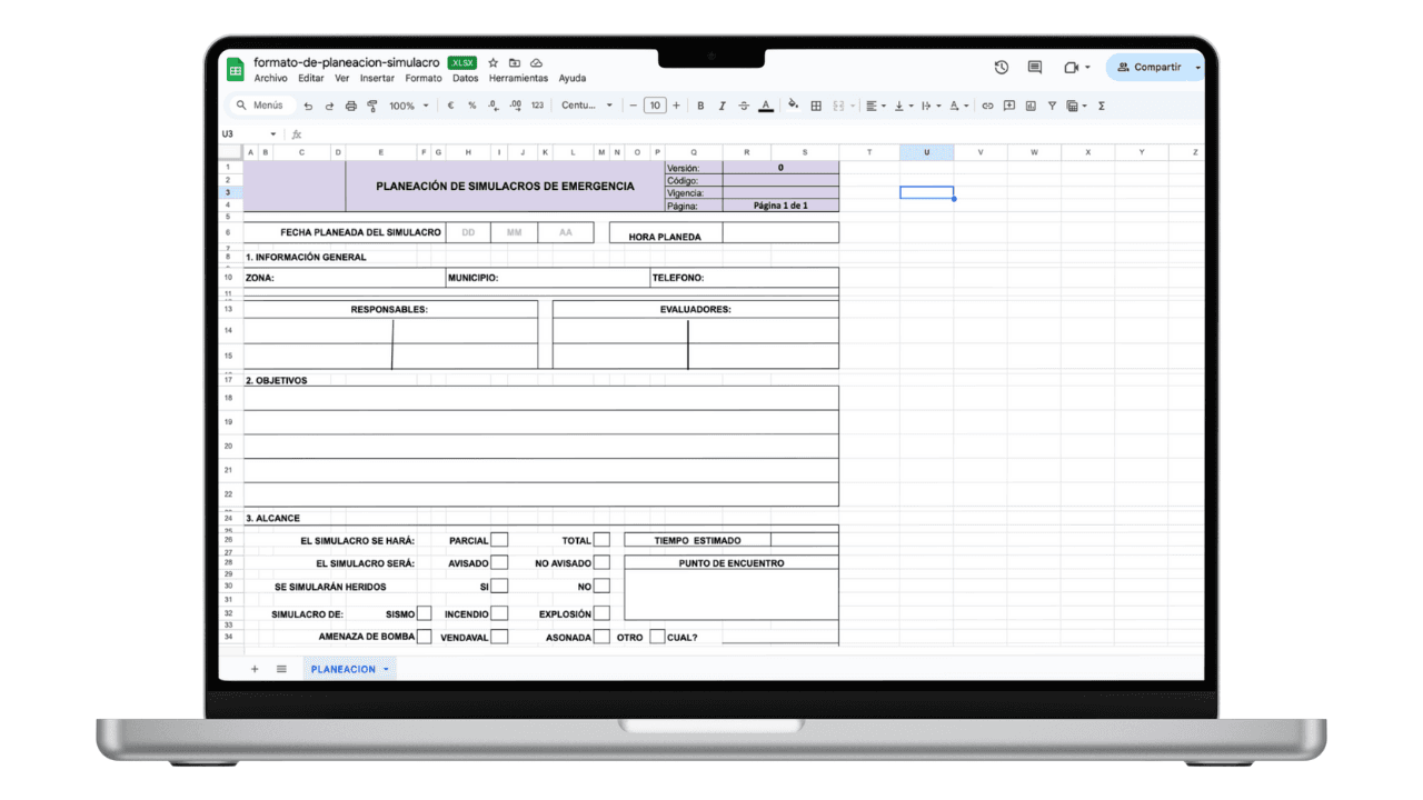 Vista previa de Formato de Planeación de Simulacros de Emergencia (Excel)