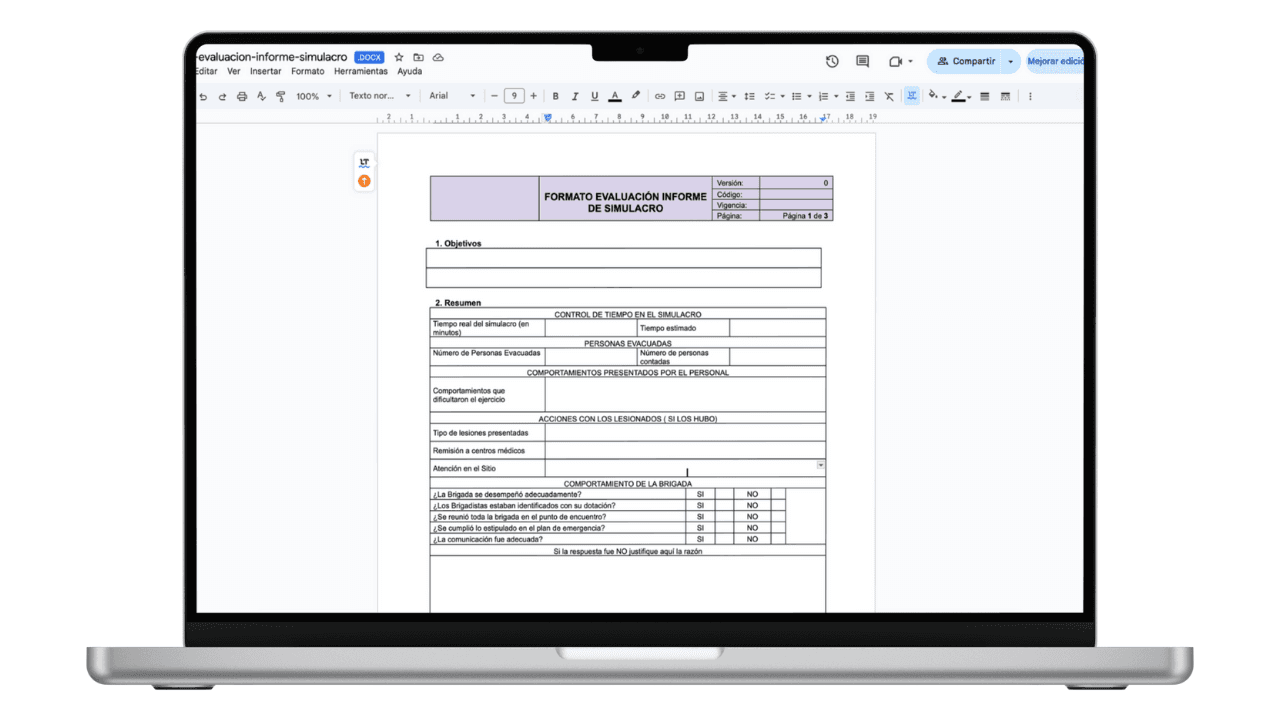 Vista previa de Formato de Informe de Evaluación de Simulacro (Word)