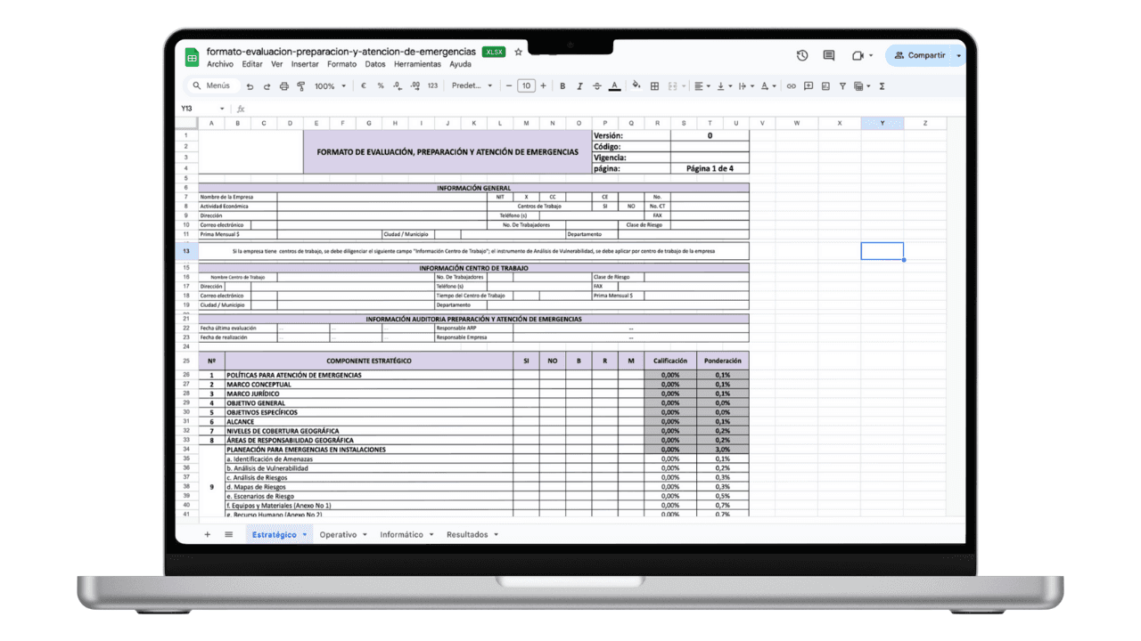 Vista previa de Formato de Evaluación del Plan de Preparación y Atención de Emergencias (Excel)