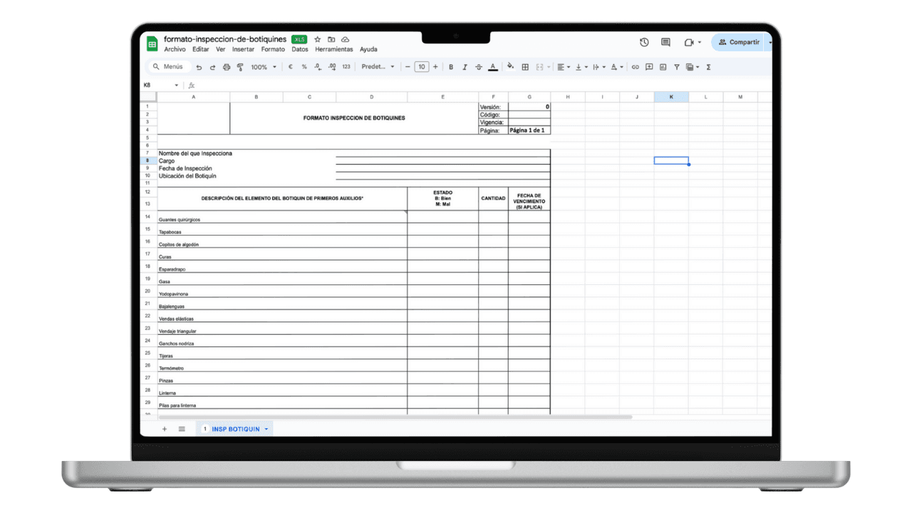 Vista previa de Formato de Inspección de Botiquines (Excel)