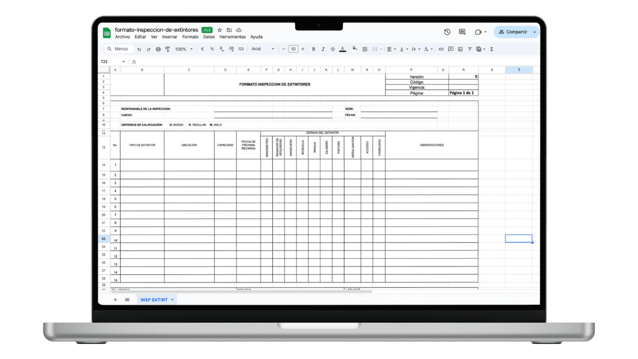 Vista previa de Formato de Inspección de Extintores (Excel)