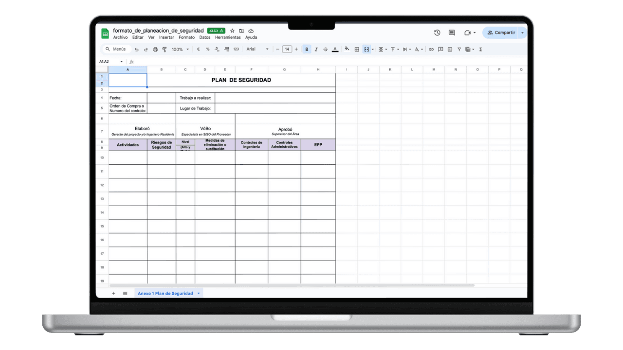 Vista previa de Formato de Planeación de Seguridad y Análisis de Riesgos (Excel)