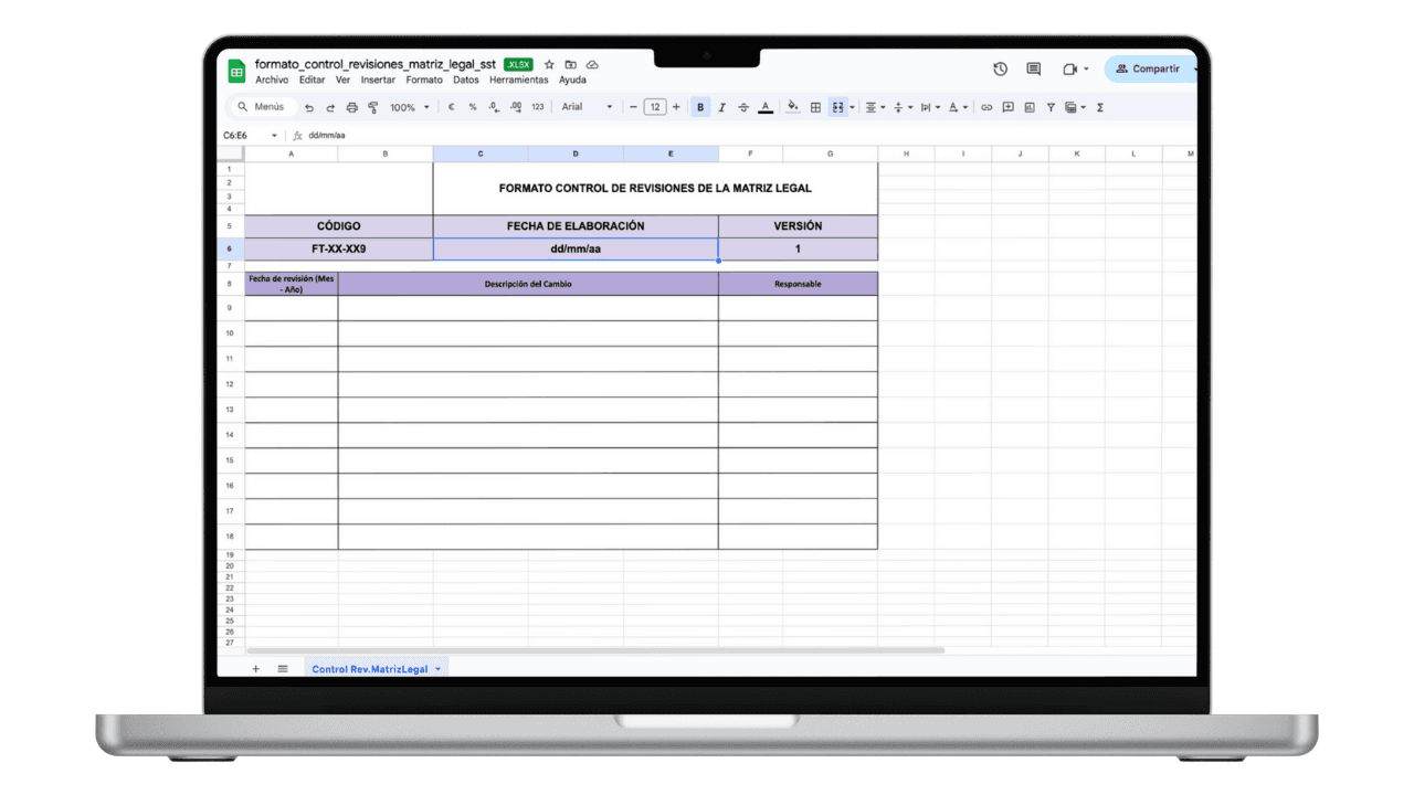 Vista previa de Formato de Control de Revisiones de la Matriz Legal (Excel)