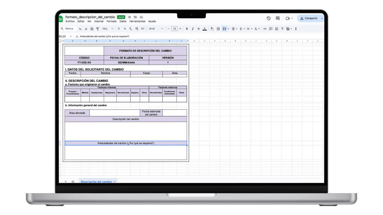 Vista previa de Formato de Descripción del Cambio (Solicitud)