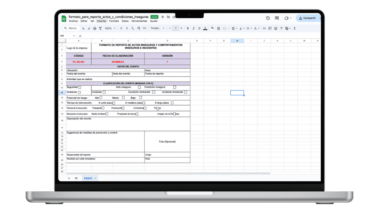 Vista previa de Formato para Reporte de Actos y Condiciones Inseguras