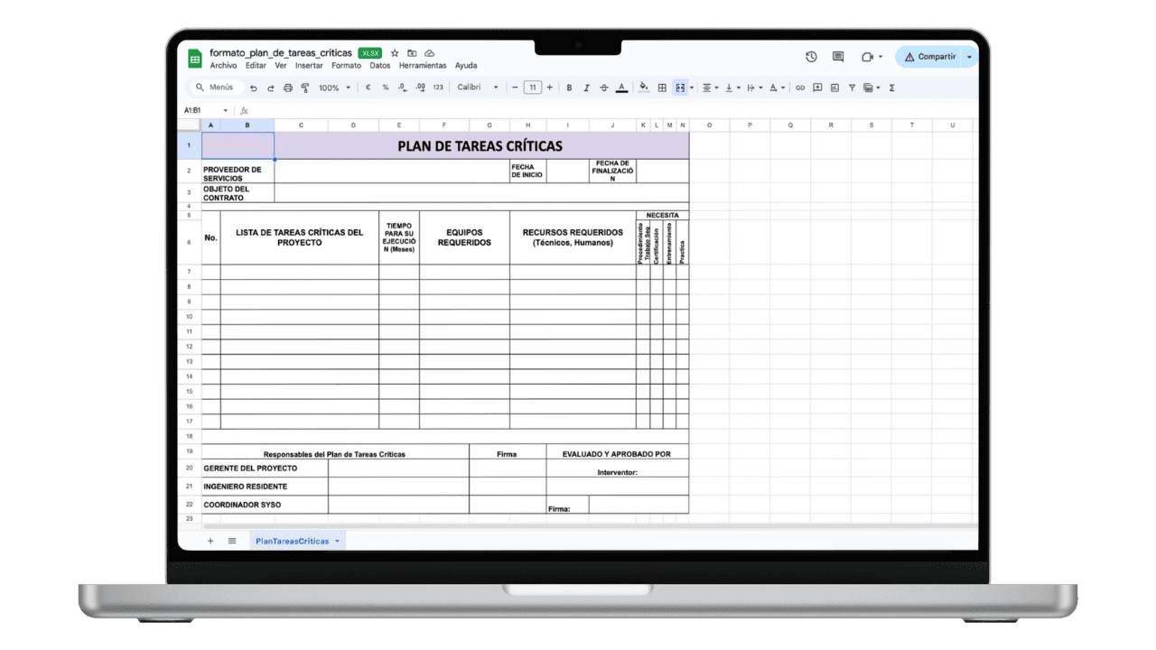 Vista previa de Formato de Plan de Tareas Críticas (Excel)