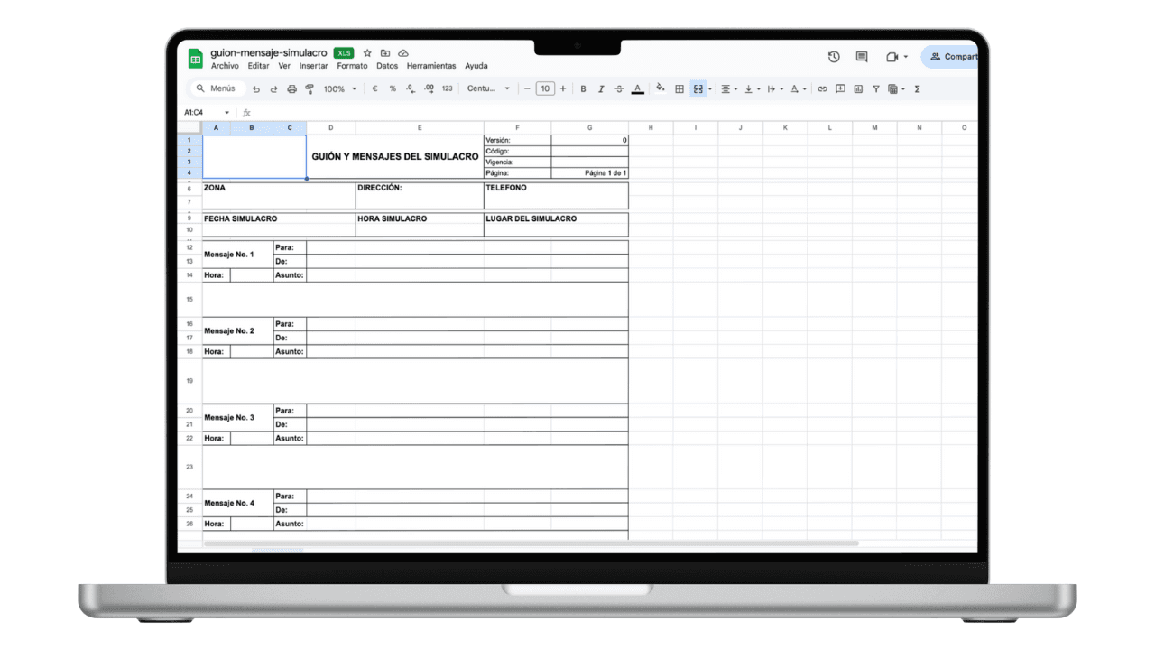 Vista previa de Guion y Mensajes para Simulacros de Emergencia (Excel)