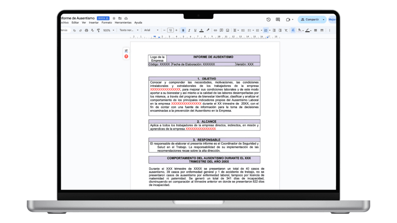 Vista previa de Modelo de Informe de Ausentismo Laboral (Word)