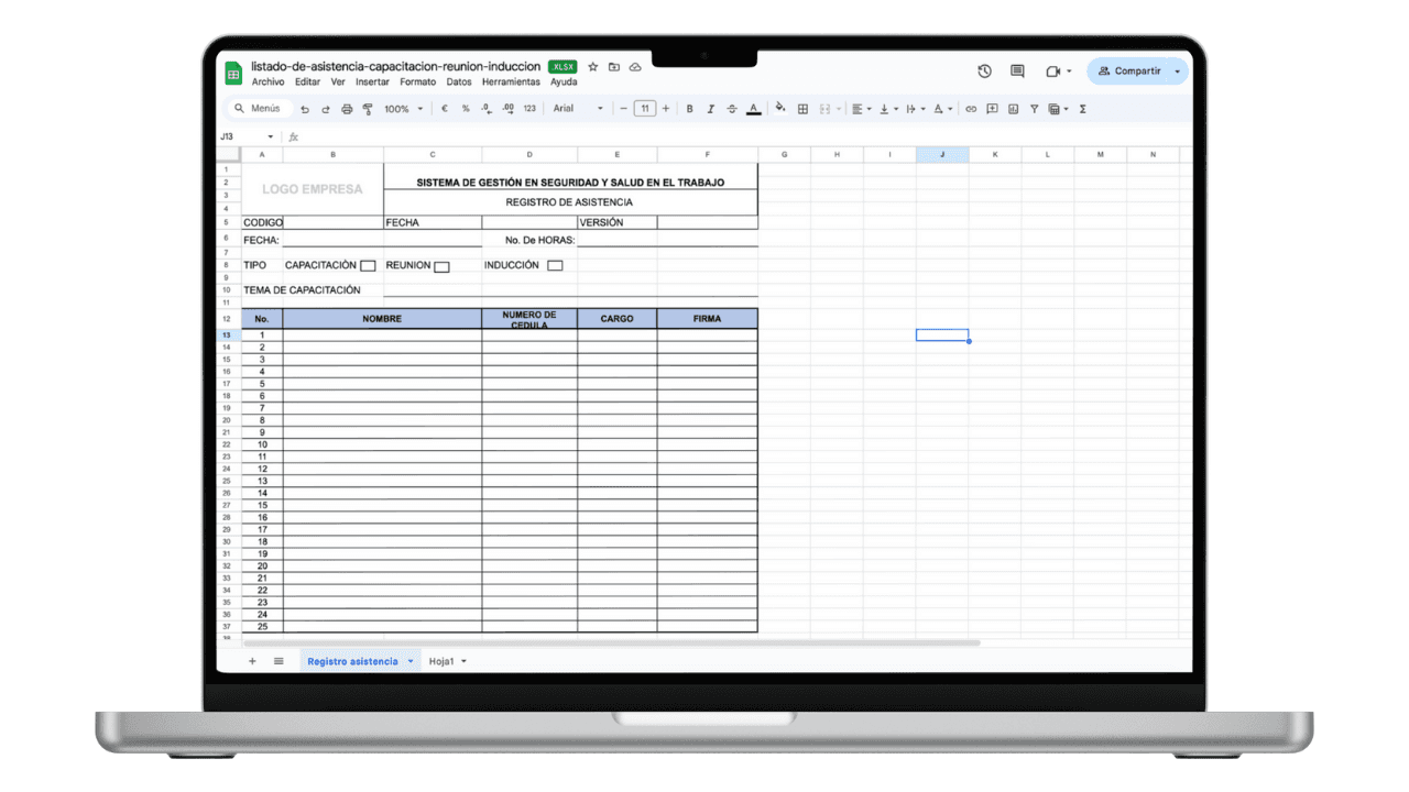 Vista previa de Listado de Asistencia para Capacitaciones, Reuniones e Inducciones (Excel)