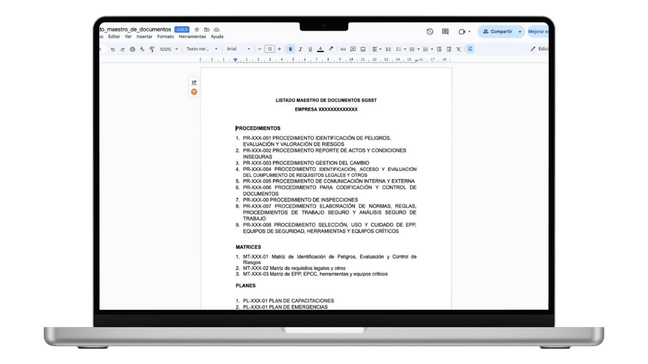 Vista previa de Listado Maestro de Documentos SG-SST (Word)