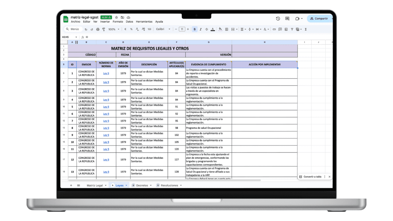 Vista previa de Matriz de Requisitos Legales SG-SST (Excel)