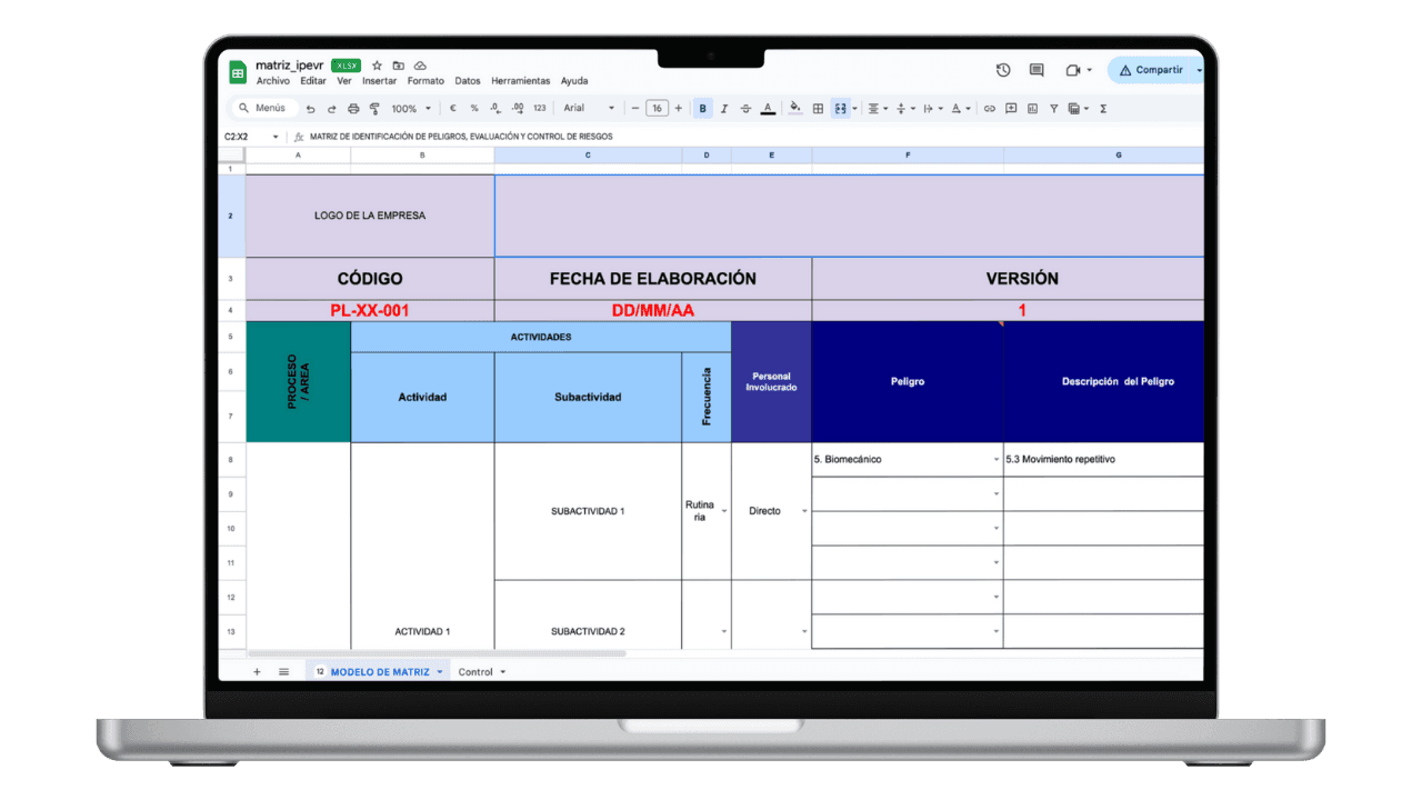 Vista previa de Matriz IPEVR GTC 45 (Identificación de Peligros y Valoración de Riesgos)