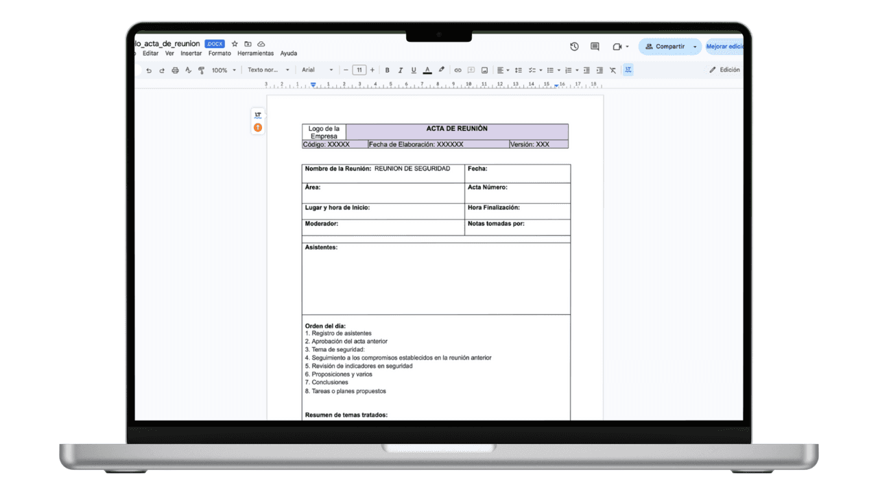 Vista previa de Modelo de Acta de Reunión SST y COPASST (Word)