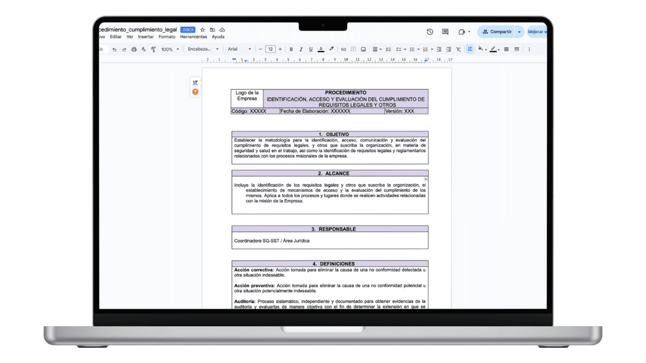 Vista previa de Procedimiento de Cumplimiento Legal y Normativo (Word)