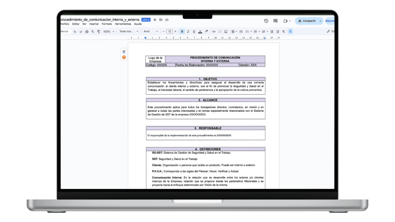Vista previa de Procedimiento de Comunicación Interna y Externa SST (Word)