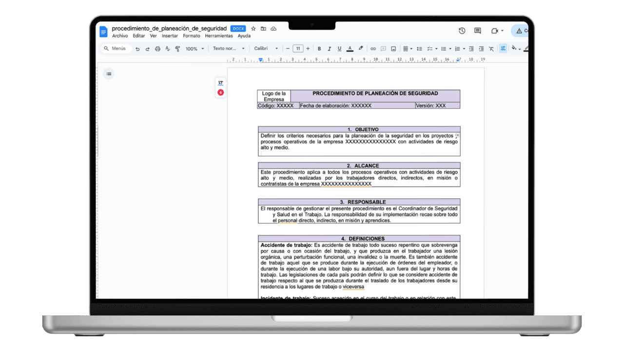 Vista previa de Procedimiento de Planeación de Seguridad (Word)