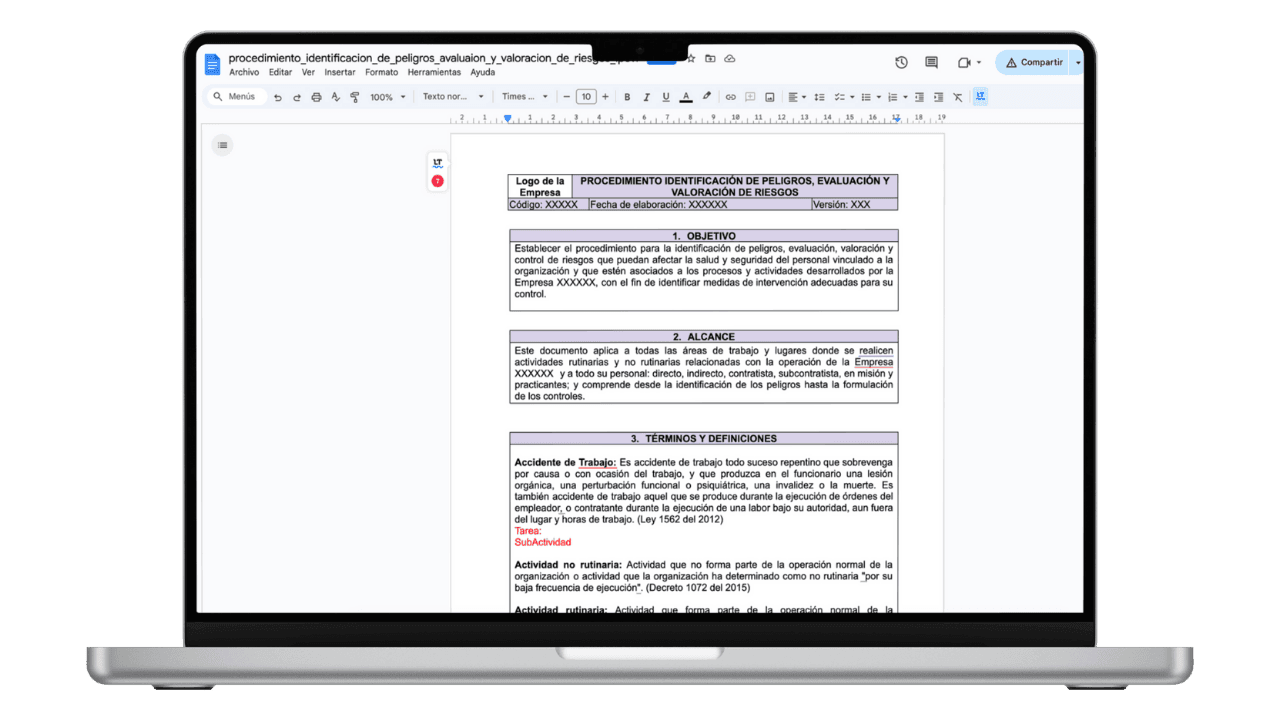 Vista previa de Procedimiento de Identificación de Peligros y Valoración de Riesgos (IPEVR)