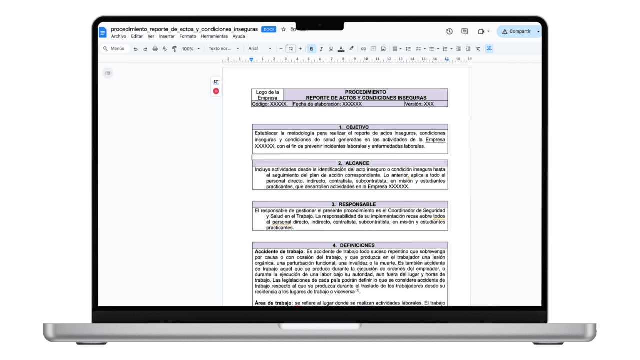 Vista previa de Procedimiento de Reporte de Actos y Condiciones Inseguras
