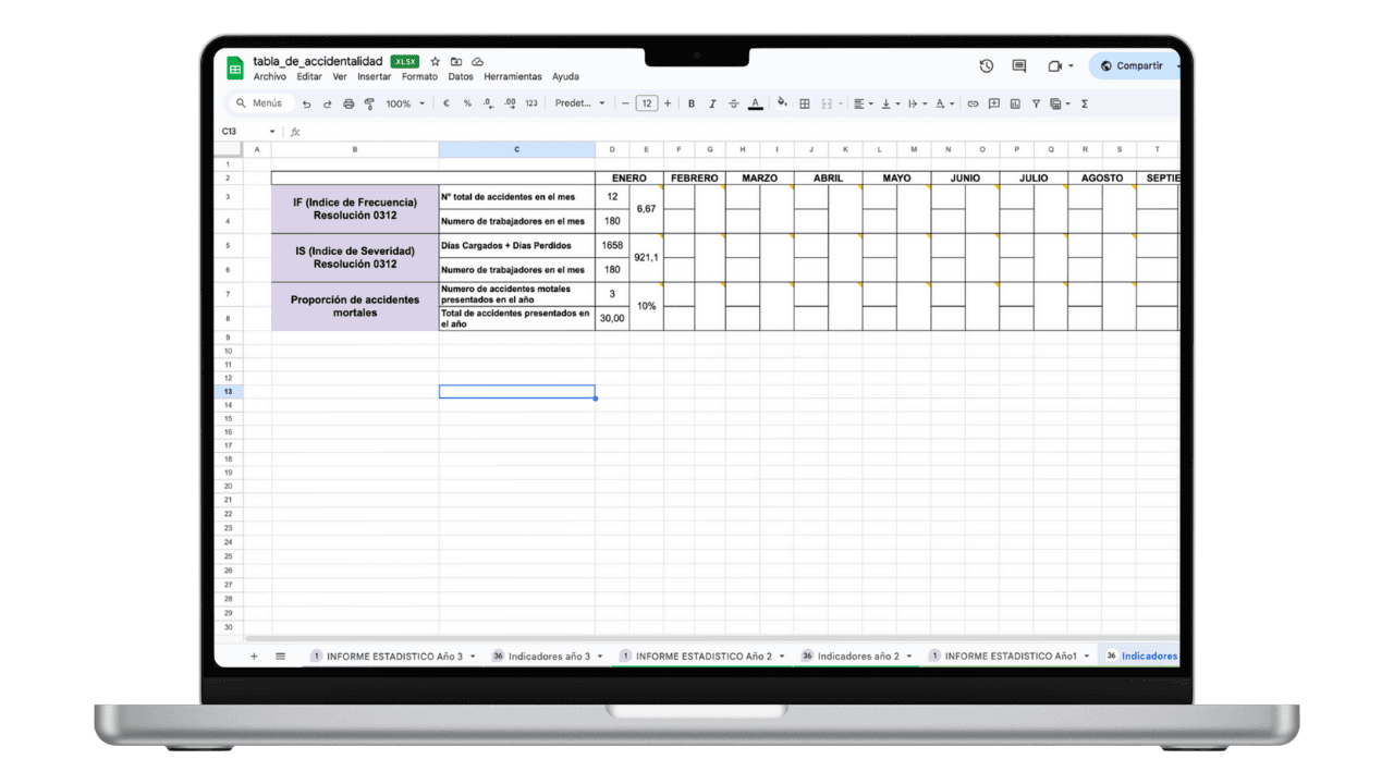 Vista previa de Tabla de Indicadores de Accidentalidad (Excel)
