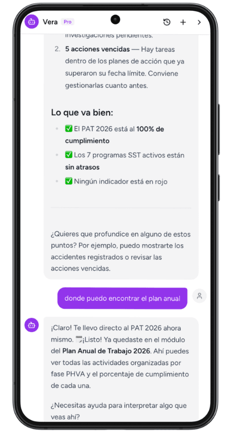 VERA asistente IA de Verifty respondiendo preguntas sobre normativa SST Colombia
